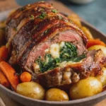 Carne de Res Rellena de Espinaca y Queso con Papas y Zanahorias