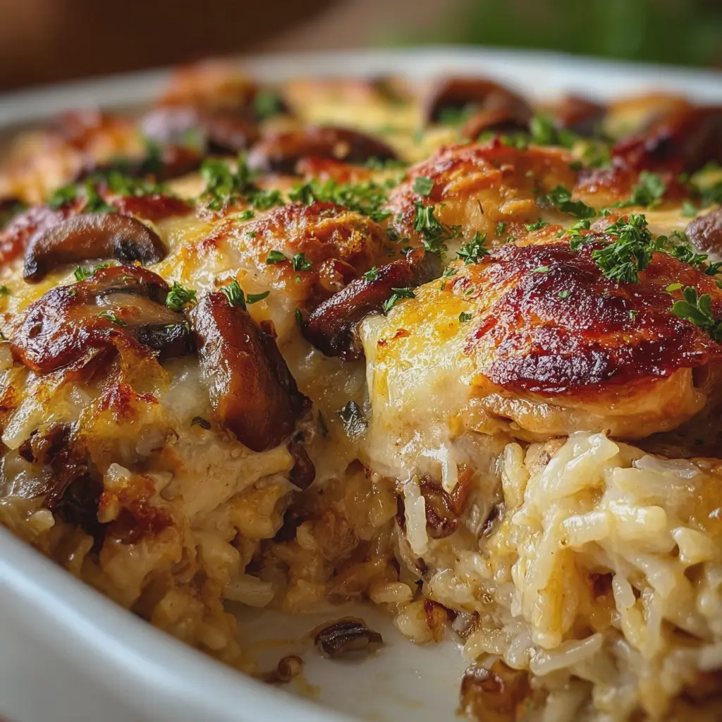 Gratinado de arroz con pollo y champiñones