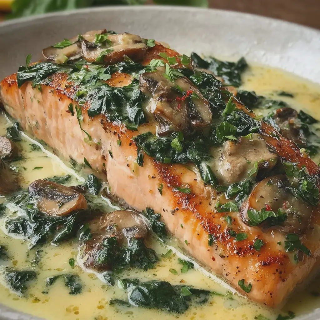 Salmón al Ajillo con Crema Espinacas y Champiñones